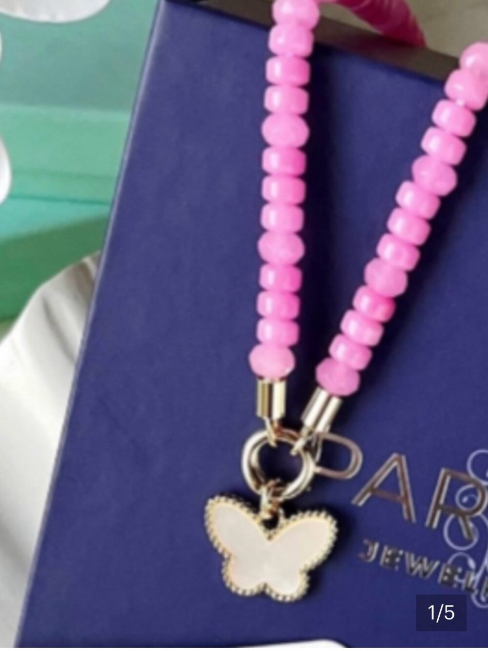 Park Lane Pink Beaded Necklace with Gold Butterfly Charm